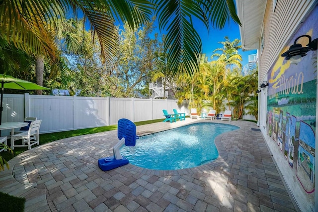 view of pool featuring a fenced in pool, a patio area, and a fenced backyard