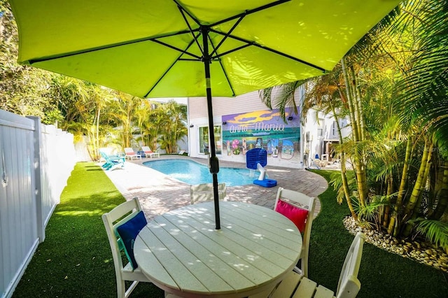 view of swimming pool with a fenced in pool, a patio area, a fenced backyard, and a lawn