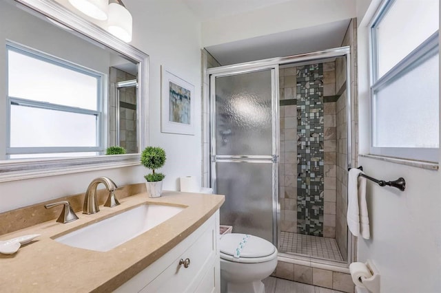 full bathroom with a shower stall, plenty of natural light, vanity, and toilet