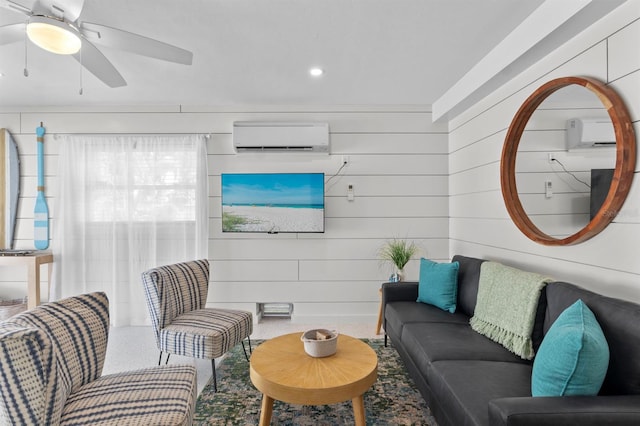 living area featuring ceiling fan, wooden walls, recessed lighting, a wall mounted AC, and a wall mounted air conditioner