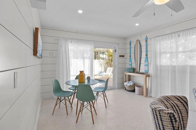 dining area featuring recessed lighting, speckled floor, and ceiling fan