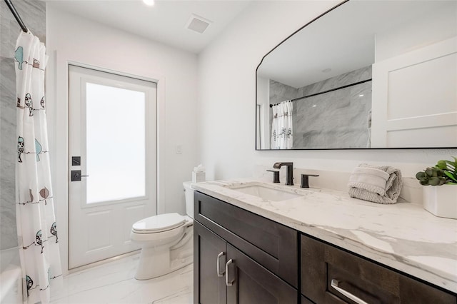 full bathroom with visible vents, toilet, marble finish floor, and vanity