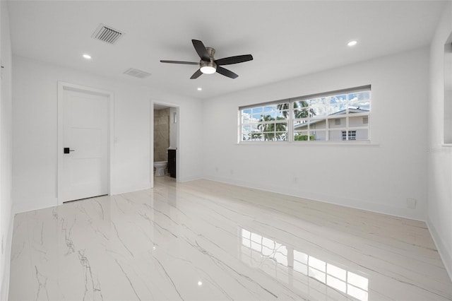 unfurnished bedroom featuring visible vents, recessed lighting, and connected bathroom