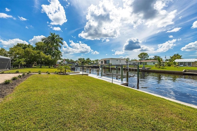 dock area with a water view, a residential view, boat lift, and a lawn