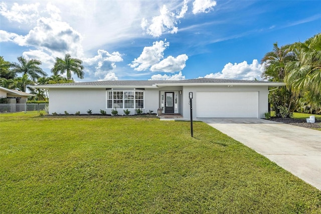 ranch-style home with a garage, stucco siding, fence, a front lawn, and concrete driveway