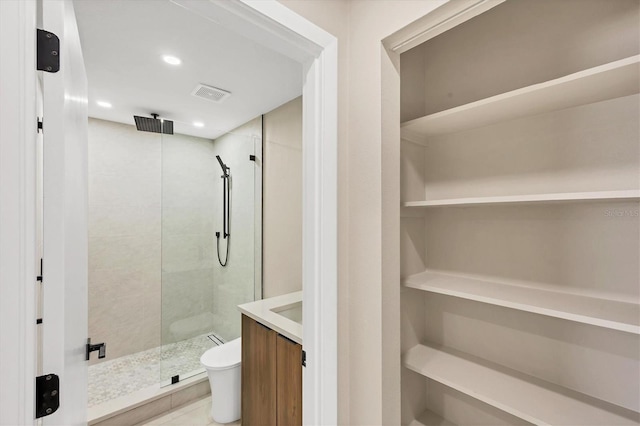 full bathroom with recessed lighting, toilet, visible vents, and a stall shower