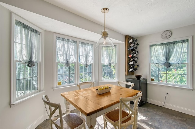 dining area featuring baseboards, stone finish floor, and a textured ceiling