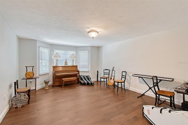 living area featuring baseboards, wood finished floors, and a textured ceiling