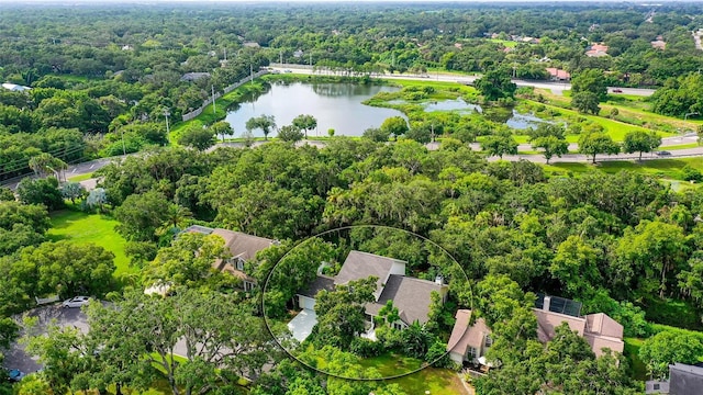bird's eye view featuring a forest view and a water view