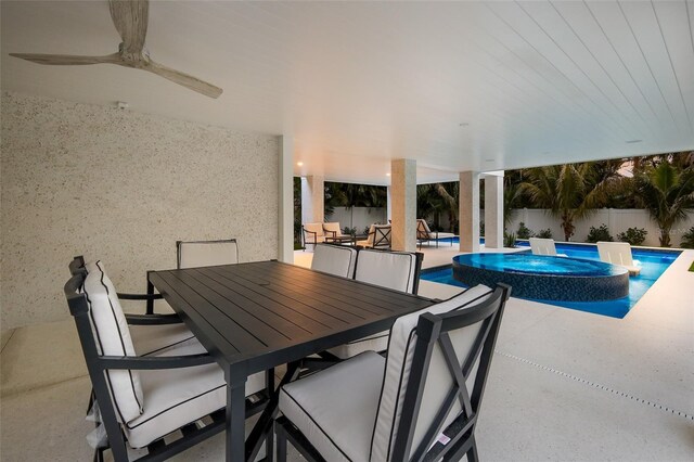 exterior space featuring a patio area, a fenced backyard, and outdoor dining space