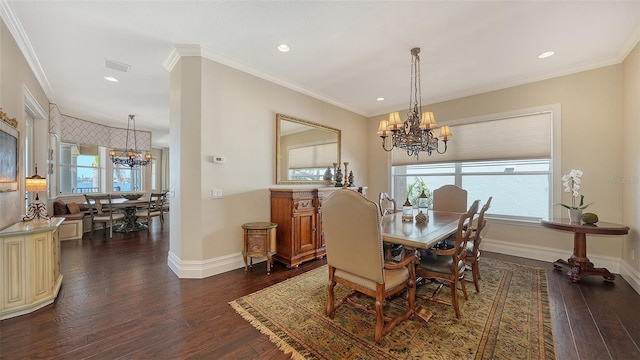 dining space featuring recessed lighting, dark wood finished floors, baseboards, and a notable chandelier