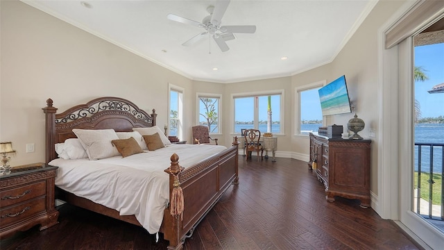bedroom featuring ornamental molding, dark wood-style flooring, baseboards, access to outside, and recessed lighting