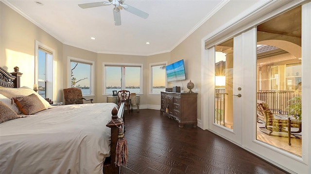 bedroom with crown molding, dark wood finished floors, access to exterior, recessed lighting, and baseboards