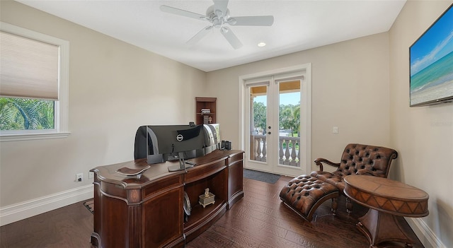 office area with a ceiling fan, baseboards, recessed lighting, and dark wood-type flooring