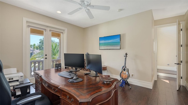office featuring dark wood-style flooring, ceiling fan, french doors, recessed lighting, and baseboards
