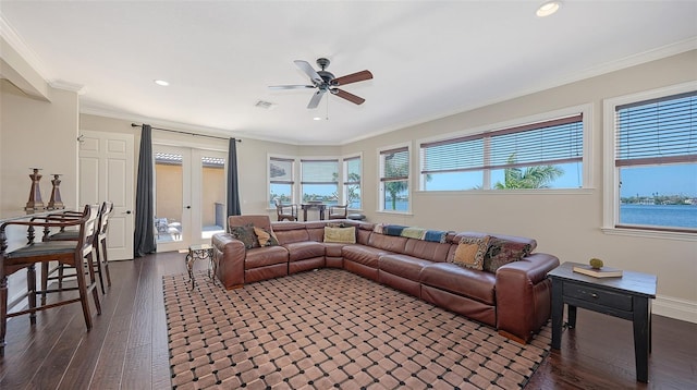 living room with recessed lighting, ceiling fan, visible vents, and dark wood-style floors