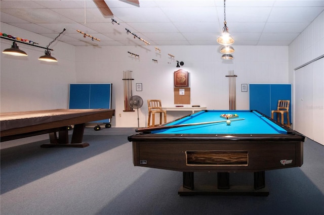 rec room featuring pool table and a paneled ceiling