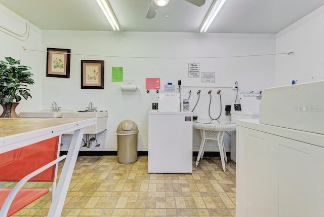 shared laundry with independent washer and dryer and ceiling fan