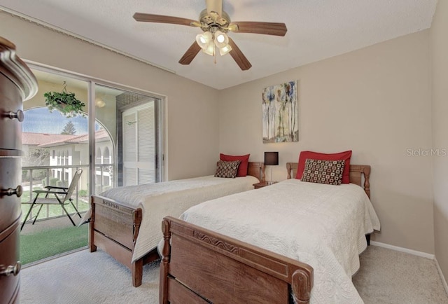 bedroom with access to exterior, carpet flooring, a ceiling fan, and baseboards