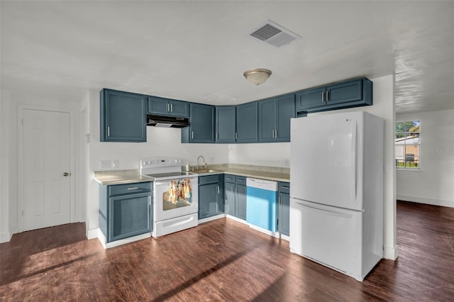 9430 Glen Moor Ln, Port Richey, FL 34668 - kitchen featuring white appliances, light countertops, blue cabinetry, and a sink