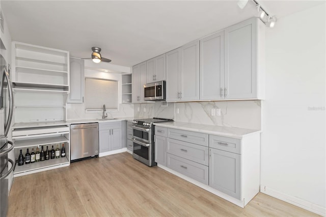 kitchen with open shelves, a sink, stainless steel appliances, light wood finished floors, and backsplash