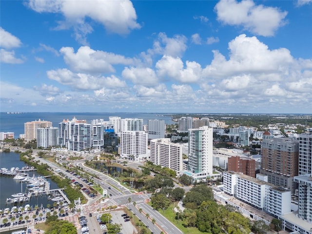 aerial view with a water view and a city view