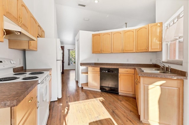 kitchen with white range with electric stovetop, black dishwasher, light brown cabinetry, visible vents, and vaulted ceiling