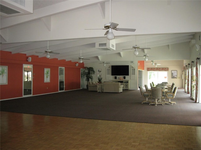 interior space featuring high vaulted ceiling, visible vents, beam ceiling, and ceiling fan