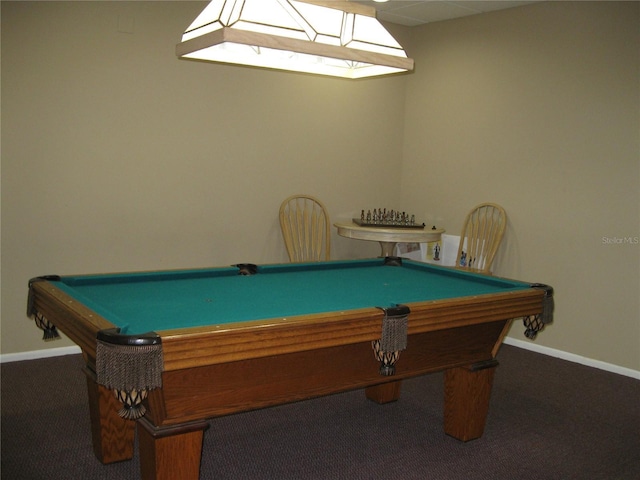 playroom with baseboards, pool table, and carpet