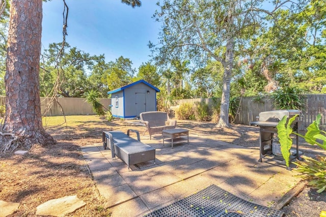view of patio / terrace featuring a fenced backyard, grilling area, an outbuilding, and a storage unit
