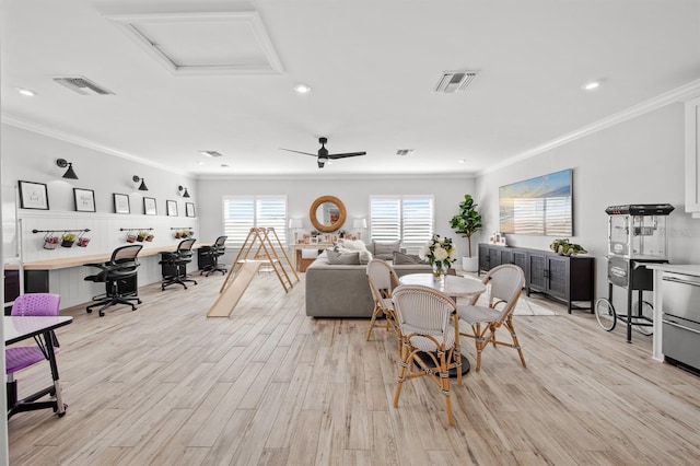 11611 Roseto Ct, Fort Myers, FL 33913 - living area featuring ornamental molding, a desk, attic access, light wood-style flooring, and recessed lighting