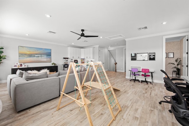 11611 Roseto Ct, Fort Myers, FL 33913 - living room featuring recessed lighting, ornamental molding, baseboards, a ceiling fan, and light wood finished floors
