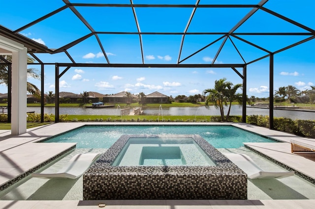 11611 Roseto Ct, Fort Myers, FL 33913 - view of swimming pool with a water view, a patio, glass enclosure, and a pool with connected hot tub