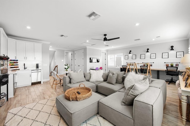 11611 Roseto Ct, Fort Myers, FL 33913 - living room with recessed lighting, ornamental molding, light wood-style floors, a desk, and a ceiling fan