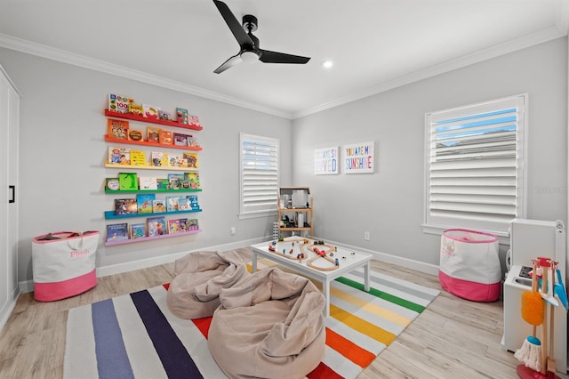 11611 Roseto Ct, Fort Myers, FL 33913 - recreation room featuring crown molding, wood finished floors, ceiling fan, baseboards, and recessed lighting