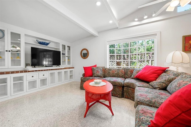living area with recessed lighting, speckled floor, vaulted ceiling with beams, and ceiling fan