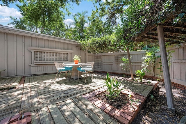wooden deck featuring outdoor dining area and a fenced backyard