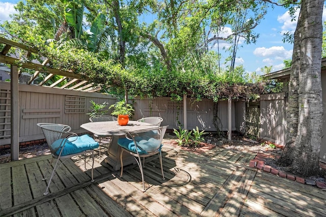 deck featuring a fenced backyard and outdoor dining area