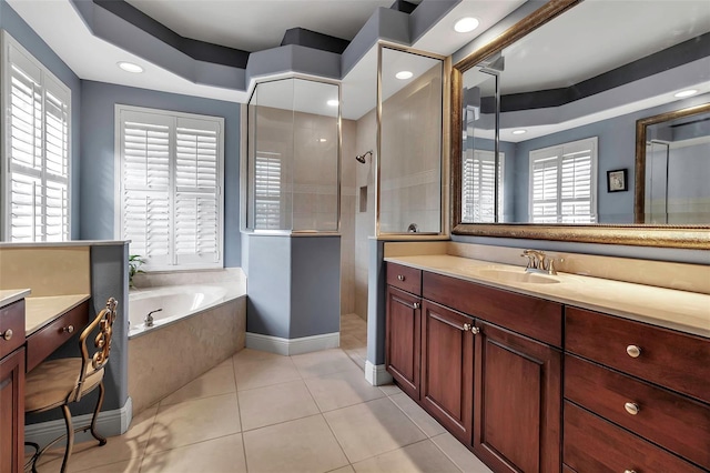 3738 Eagle Hammock Dr, Sarasota, FL 34240 - bathroom featuring recessed lighting, tile patterned floors, vanity, a walk in shower, and a garden tub