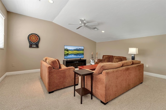 3738 Eagle Hammock Dr, Sarasota, FL 34240 - living area featuring ceiling fan, light carpet, vaulted ceiling, and baseboards