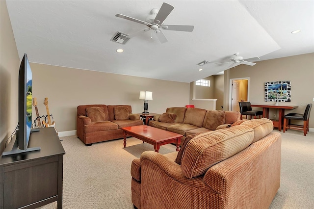 3738 Eagle Hammock Dr, Sarasota, FL 34240 - living area featuring light carpet, a ceiling fan, and visible vents
