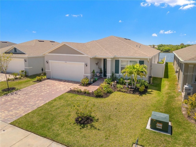 7322 34th Ct E, Sarasota, FL 34243 - ranch-style house with a garage, decorative driveway, stucco siding, and roof with shingles