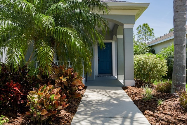 entrance to property with stucco siding