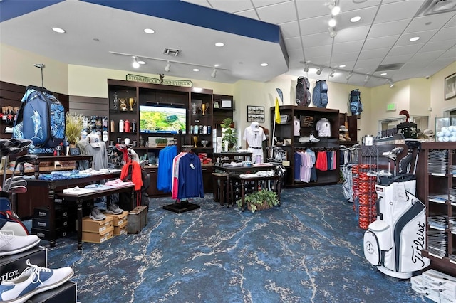miscellaneous room featuring carpet flooring, recessed lighting, and visible vents