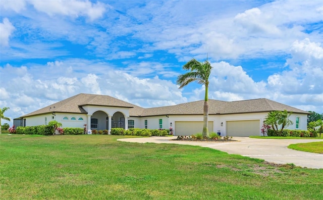 view of front facade with stucco siding, an attached garage, driveway, and a front yard