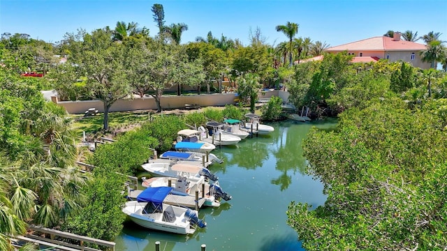 519 Bayview Ave, Osprey, FL 34229 - water view featuring a dock and a tree filled landscape