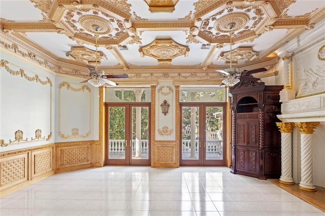 interior space with french doors and coffered ceiling