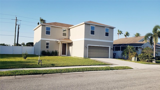 215 63rd Dr E, Bradenton, FL 34203 - traditional-style house featuring stucco siding, driveway, an attached garage, a front yard, and fence