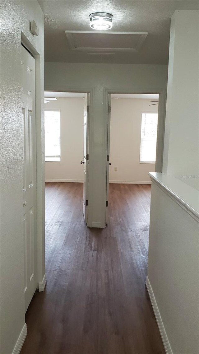 215 63rd Dr E, Bradenton, FL 34203 - hall with baseboards, attic access, and dark wood finished floors