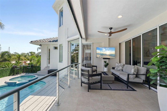 7118 Hawks Harbor Cir, Bradenton, FL 34207 - view of patio / terrace featuring ceiling fan, an outdoor living space, a pool with connected hot tub, and entry steps
